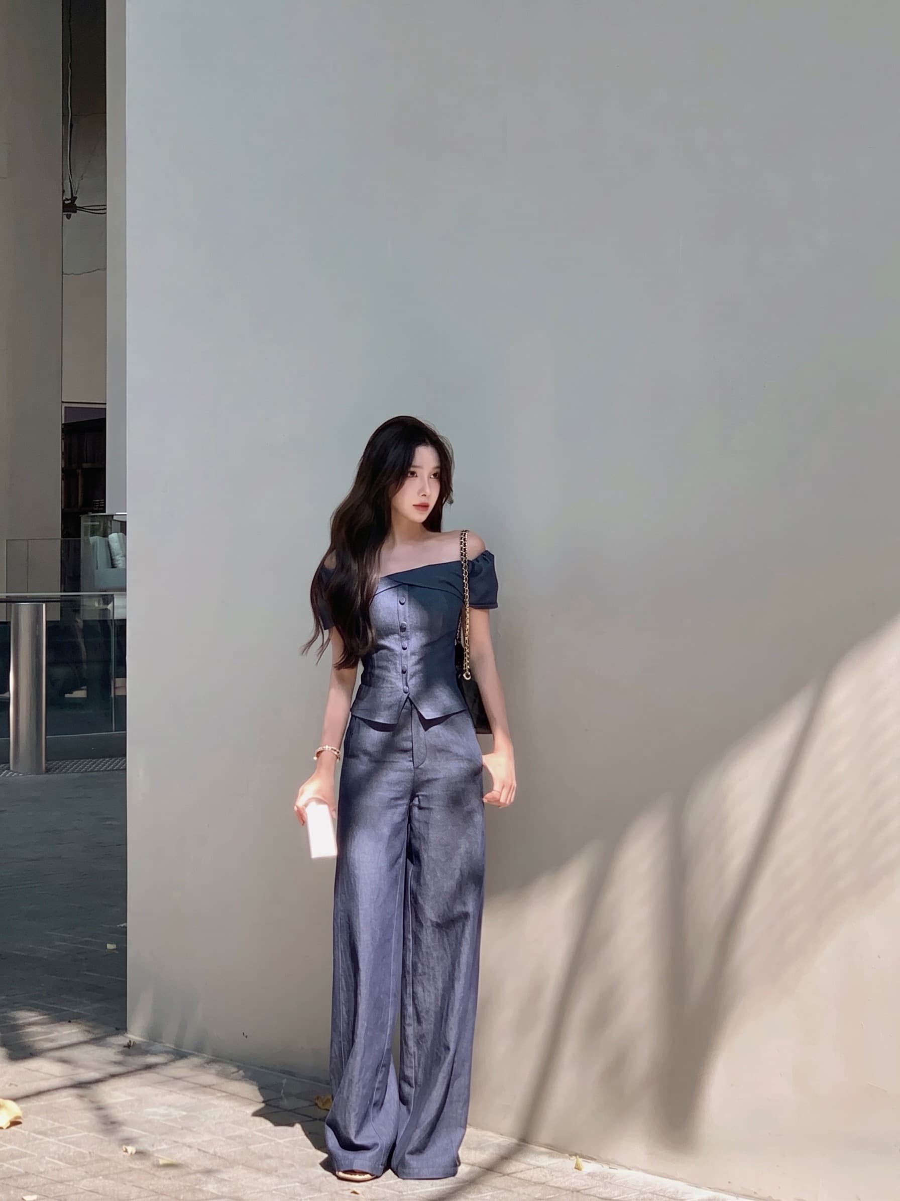 Set Áo Corset Trễ Vai & Quần Suông Thời Thượng - Iris Denim Set